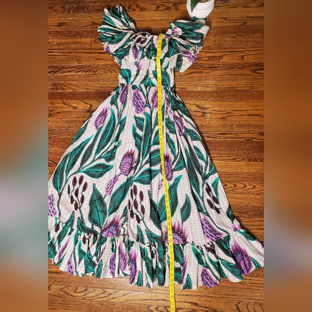 Sika Anthropologie Off-the-Shoulder Printed Maxi Dress Gree, Purple & White Sz 2 - Picture 13 of 16